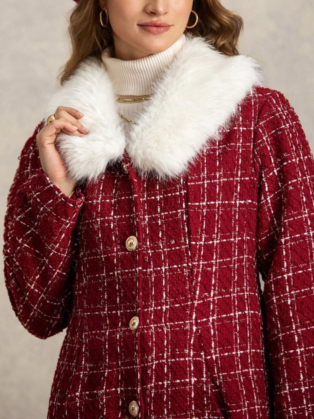 Red Elegant Women's Contrast Faux Fur Plaid Double-Breasted Midi Overcoat - Picture 3 of 8